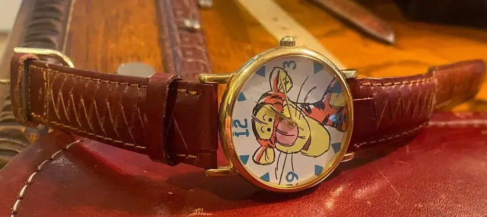 Women's 34mm Gold Tone Disney Tigger Watch by Timex, Leather Band